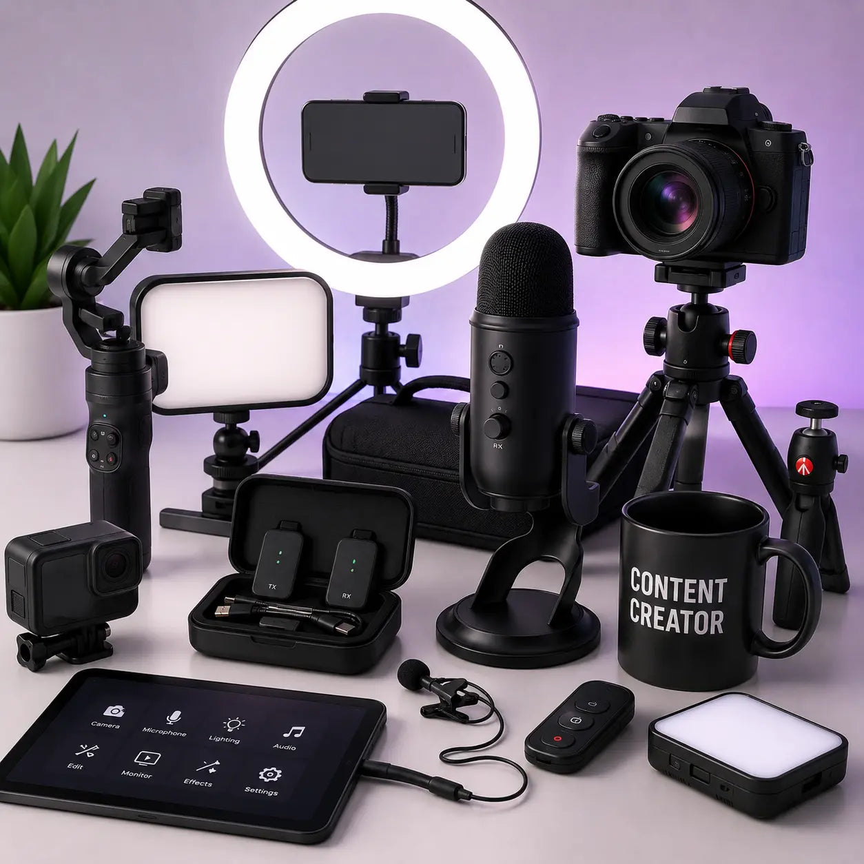 Content creator accessories collection — gimbals, lights and mounts