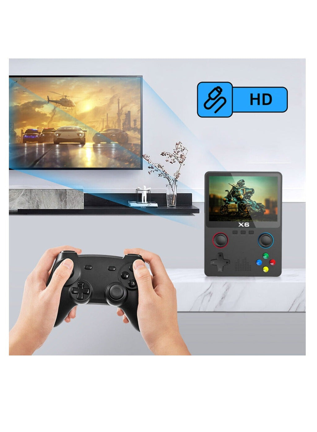 X6 retro console HD TV output with wireless controller support for two players