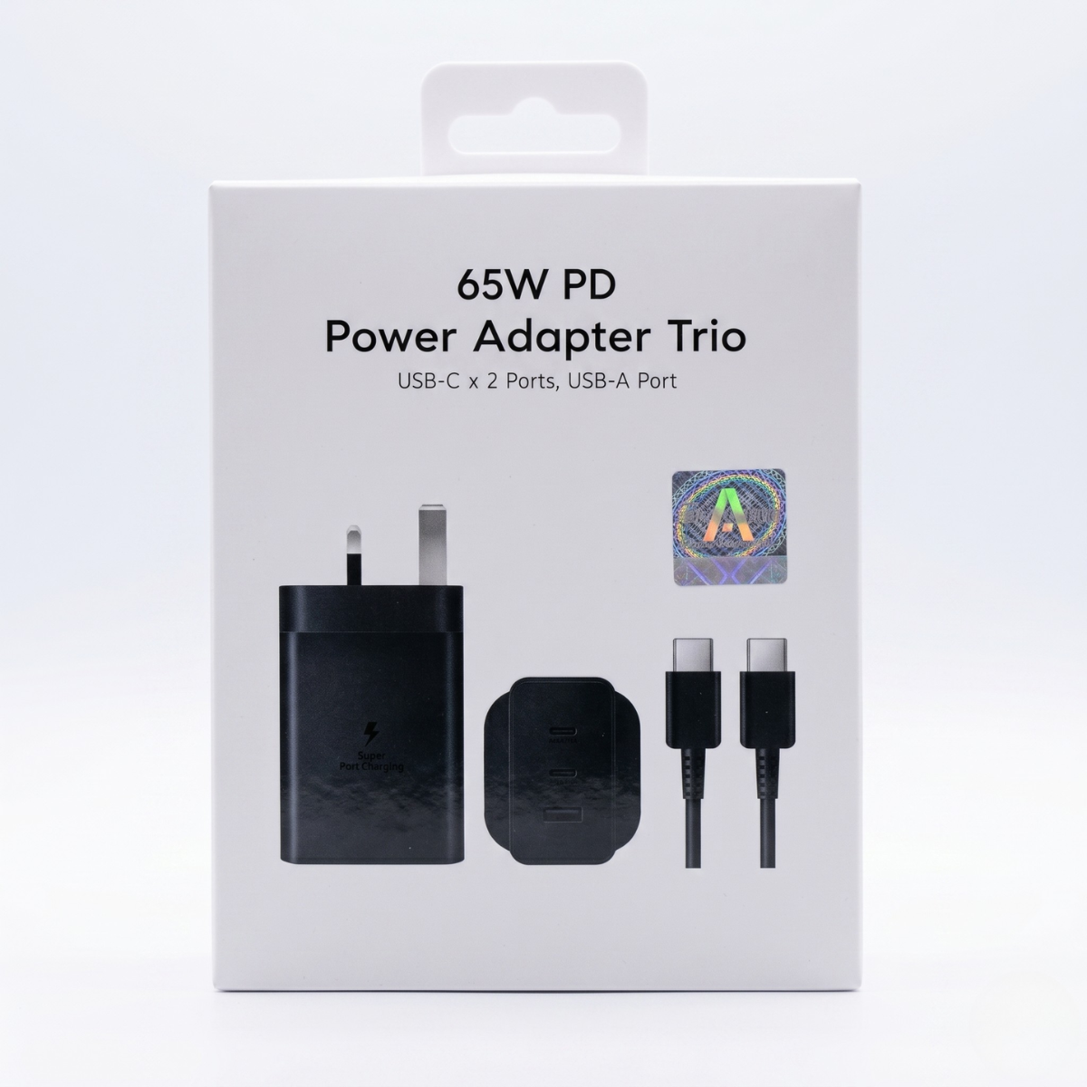 65W Triple Port Fast Charging Wall Adapter – 2 USB-C + 1 USB-A UK Plug