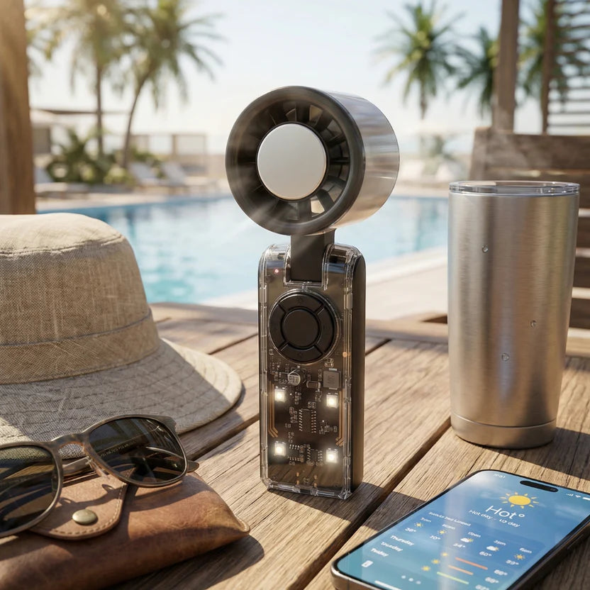 Portable handheld fan with ice cooler — 100 speeds, USB-C, for UAE summers