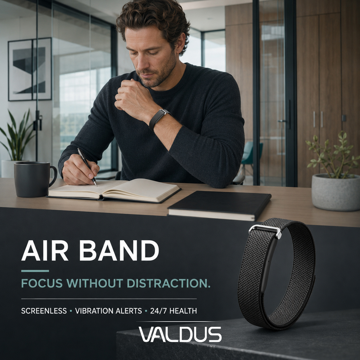 VALDUS AIR BAND screenless smart band worn at a desk for focus without screen notifications