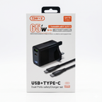 65W Fast Charging USB + Type-C Dual Port Travel Charger with Cable