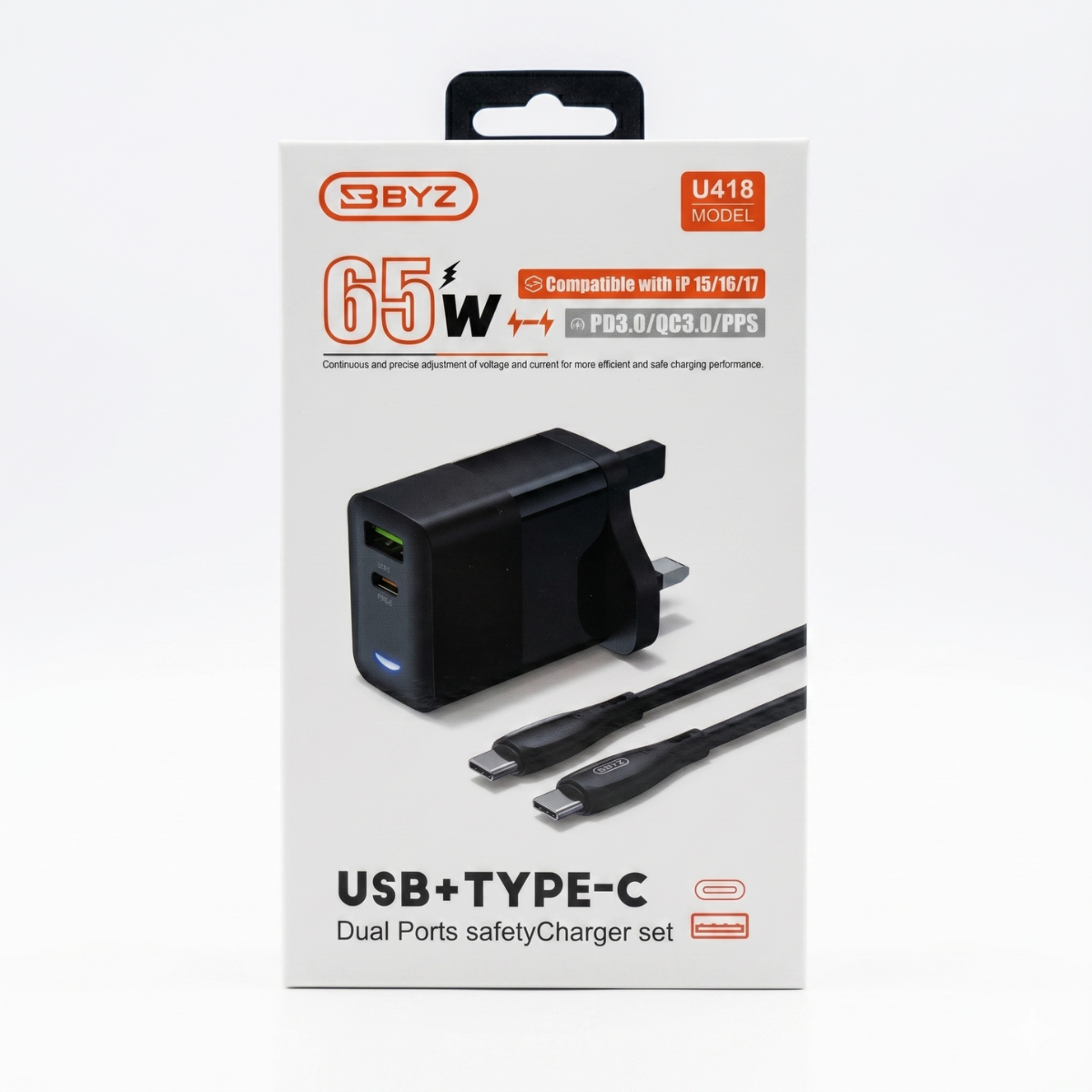65W Fast Charging USB + Type-C Dual Port Travel Charger with Cable