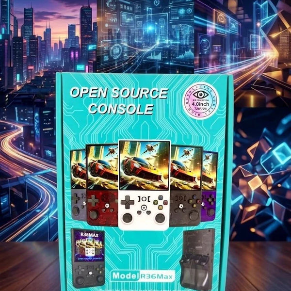 R36MAX retro handheld game console — 4-inch HD IPS screen, 18,000+ classic games, available in UAE