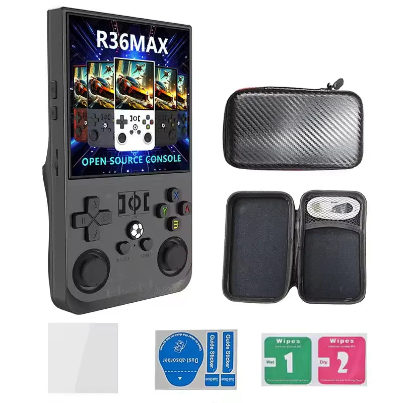 R36MAX retro handheld game console in black colour
