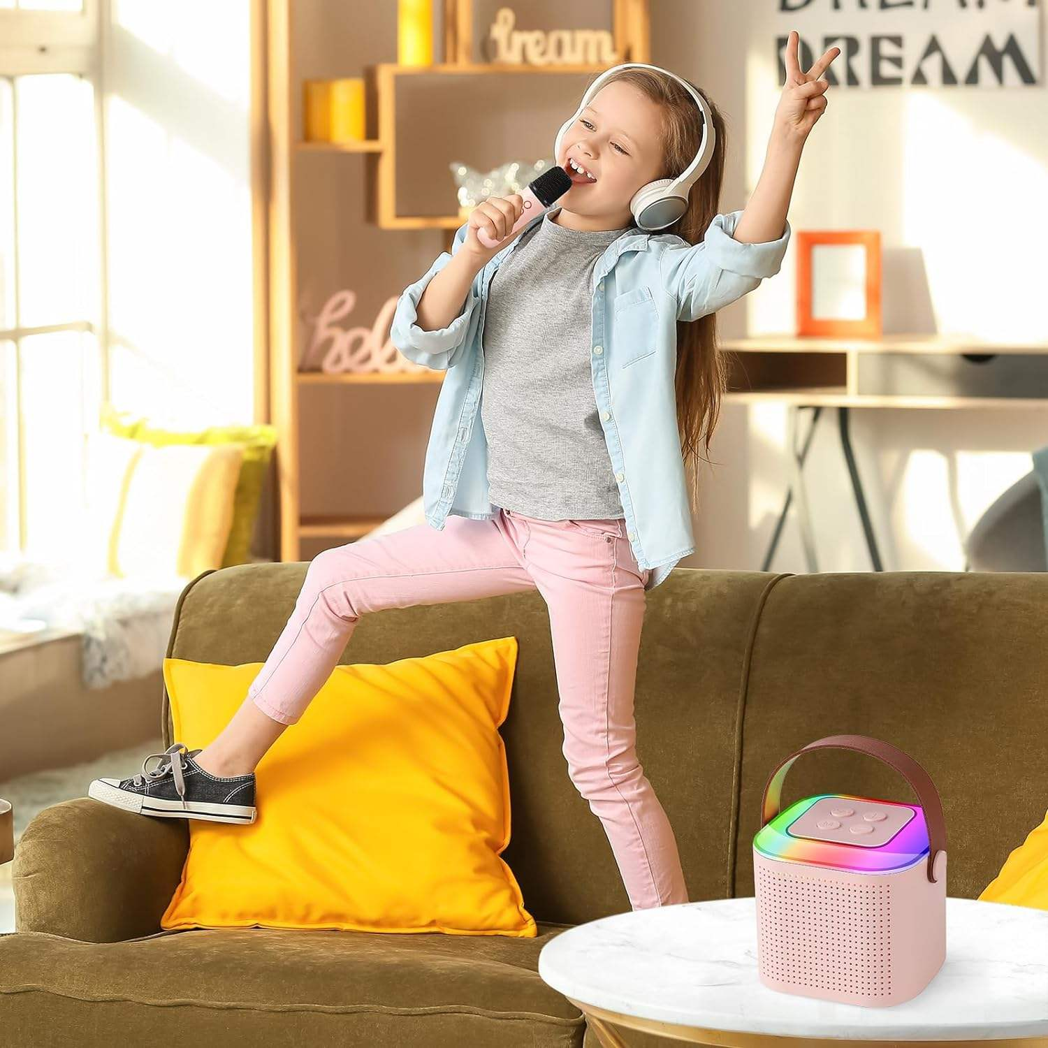 Child singing with the portable kids karaoke machine and wireless microphone at home