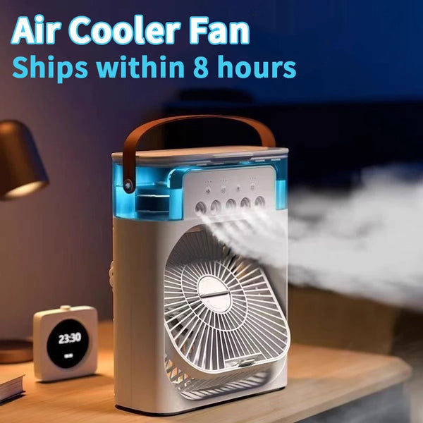 Air cooler fan on desk at night with mist and LED light