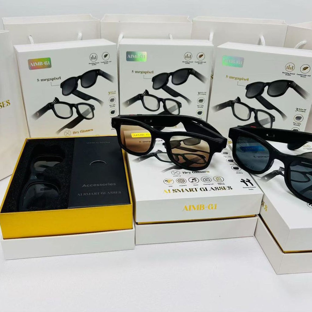 AIMB-G1 AI Smart Glasses real stock in Dubai - retail boxes, gift bags and both lens tints