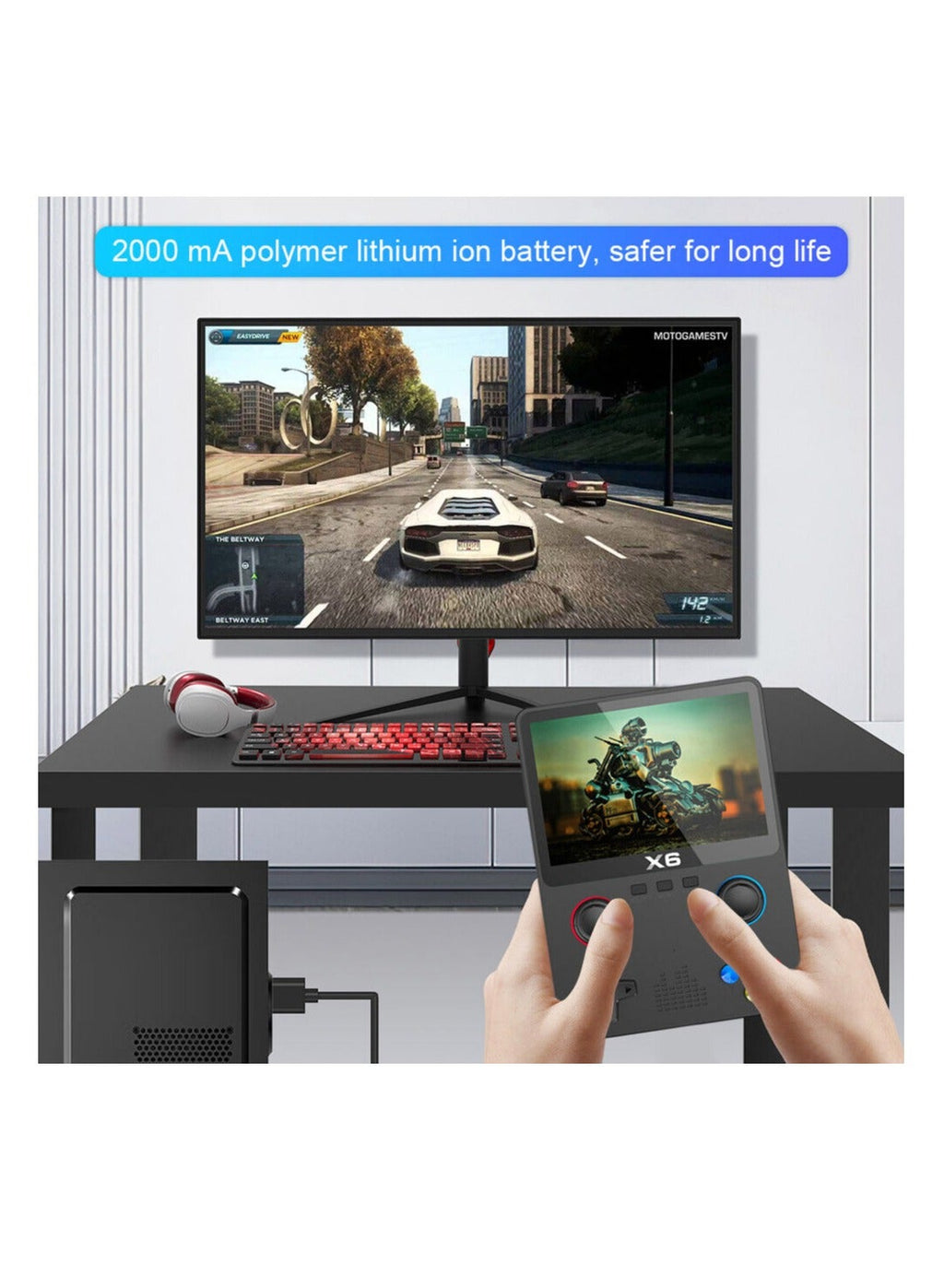 X6 handheld console with 2000mAh rechargeable battery playing on a monitor