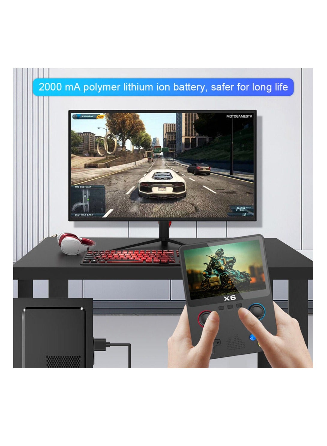 X6 handheld console with 2000mAh rechargeable battery playing on a monitor