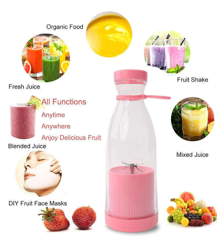 Fresh Juice Portable Blender – USB Rechargeable Personal Smoothie Blender 350ml, 4 Stainless Steel Blades