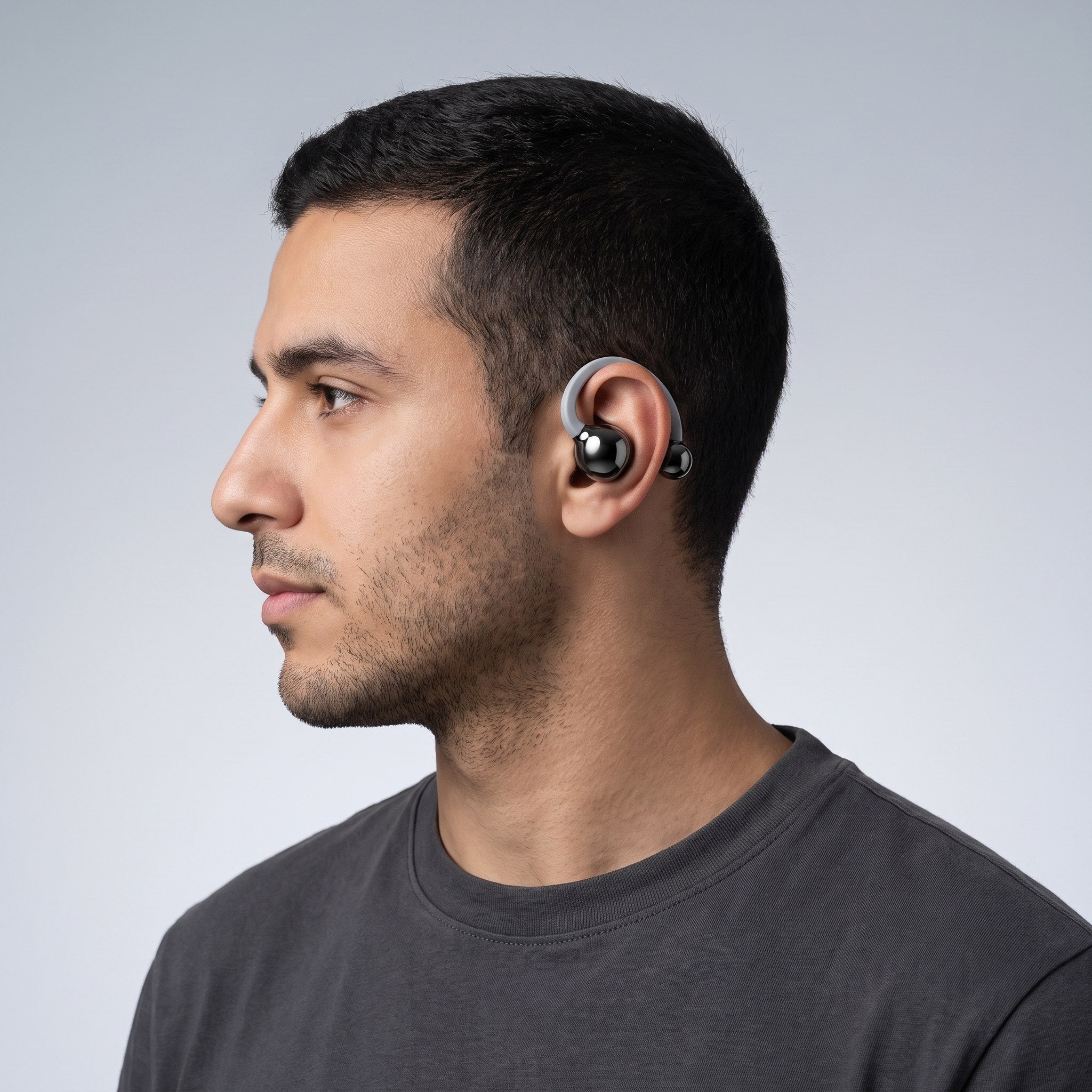 Man wearing BYZ S625 black clip-on open-ear earphone