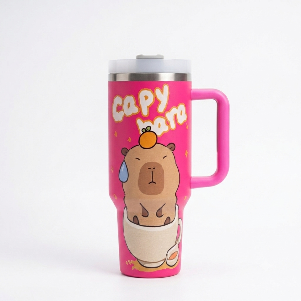 40 oz pink capybara tumbler with handle - front view