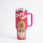 40 oz pink capybara tumbler with handle - front view