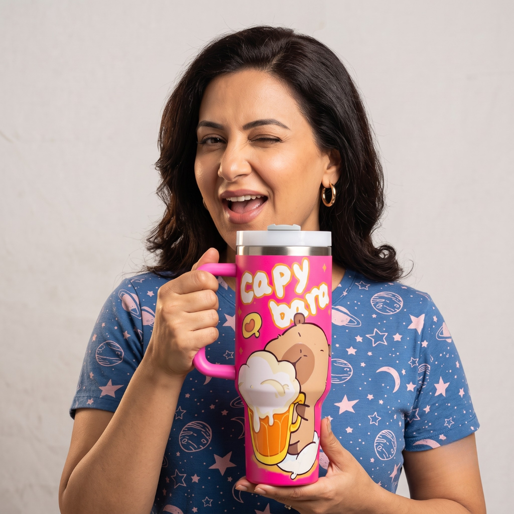 Woman holding 40 oz pink capybara tumbler