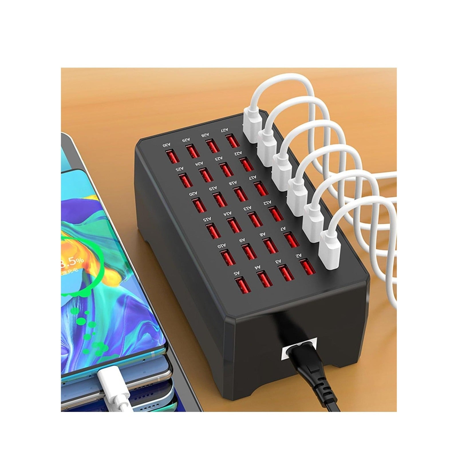 300W USB Charging Station front view showing all 30 labeled ports