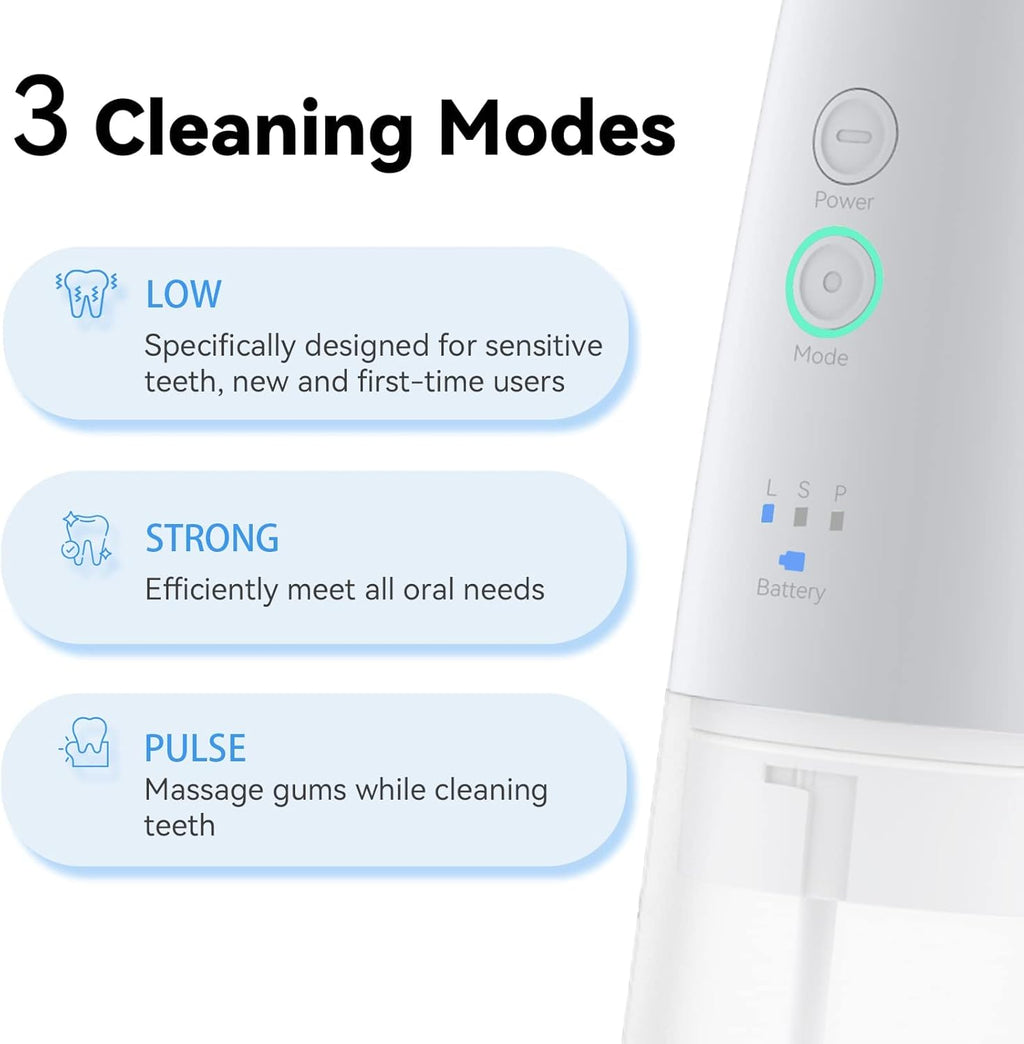 Flosmore Portable Water Flosser FL01B — Cordless Oral Irrigator, 300ml Tank, 3 Modes, 4 Replaceable Tips, IPX7 Waterproof, USB-C Rechargeable, Travel & Home Use