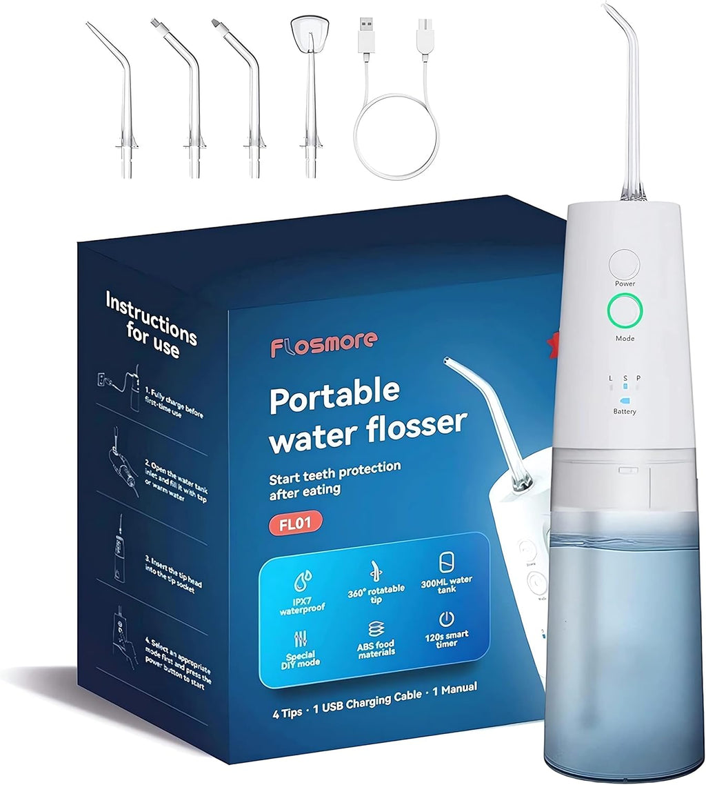 Flosmore Portable Water Flosser FL01B — Cordless Oral Irrigator, 300ml Tank, 3 Modes, 4 Replaceable Tips, IPX7 Waterproof, USB-C Rechargeable, Travel & Home Use
