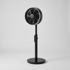 Black rechargeable misting pedestal fan on a clean studio background