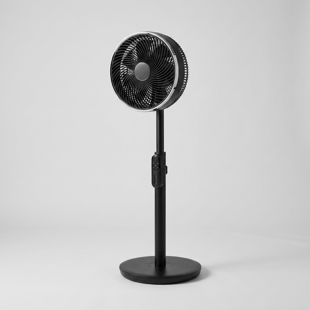 Black rechargeable misting pedestal fan on a clean studio background