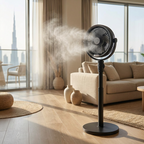 Misting pedestal fan spraying cool water mist in a modern living room