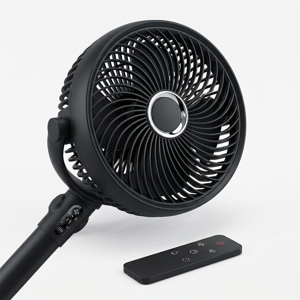 Close-up of the spiral fan head and slim remote control