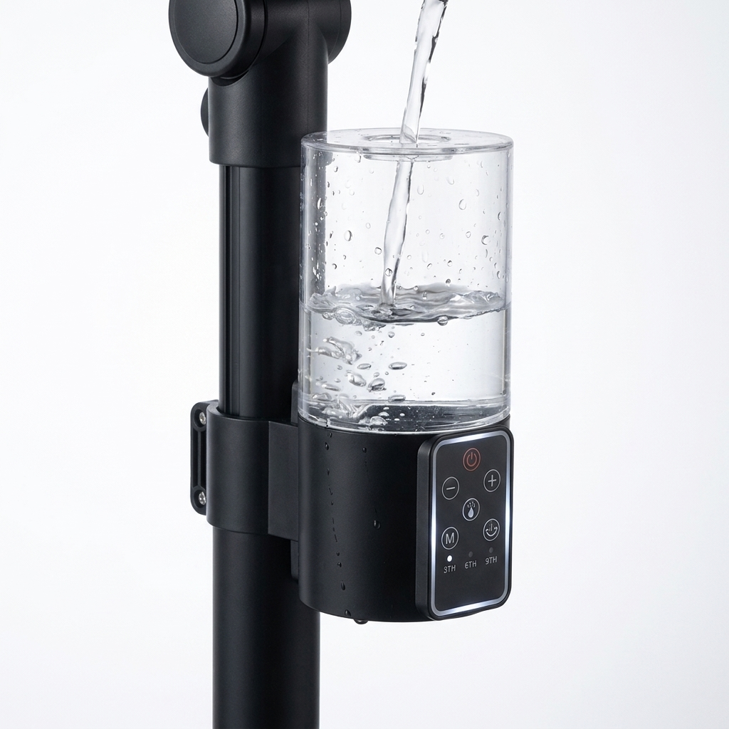 Removable 500ml water tank being filled, with touch control panel