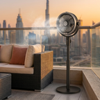 Cordless misting fan cooling a Dubai balcony at sunset