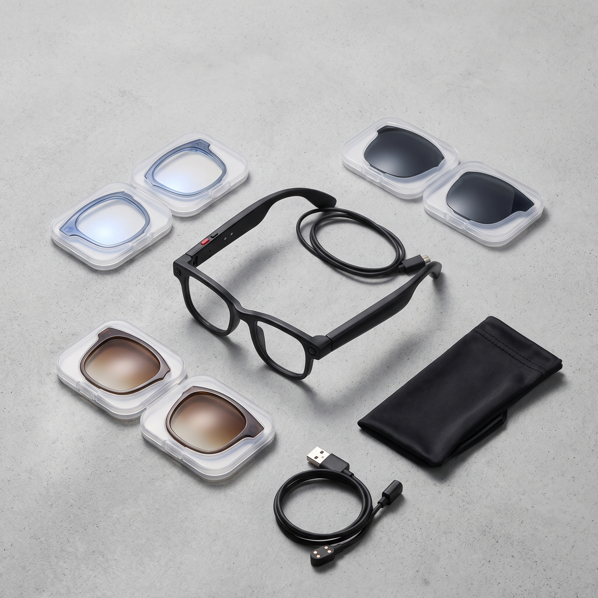 AIMB-G1 smart glasses flat lay with 3 lens sets, charging cable and pouch