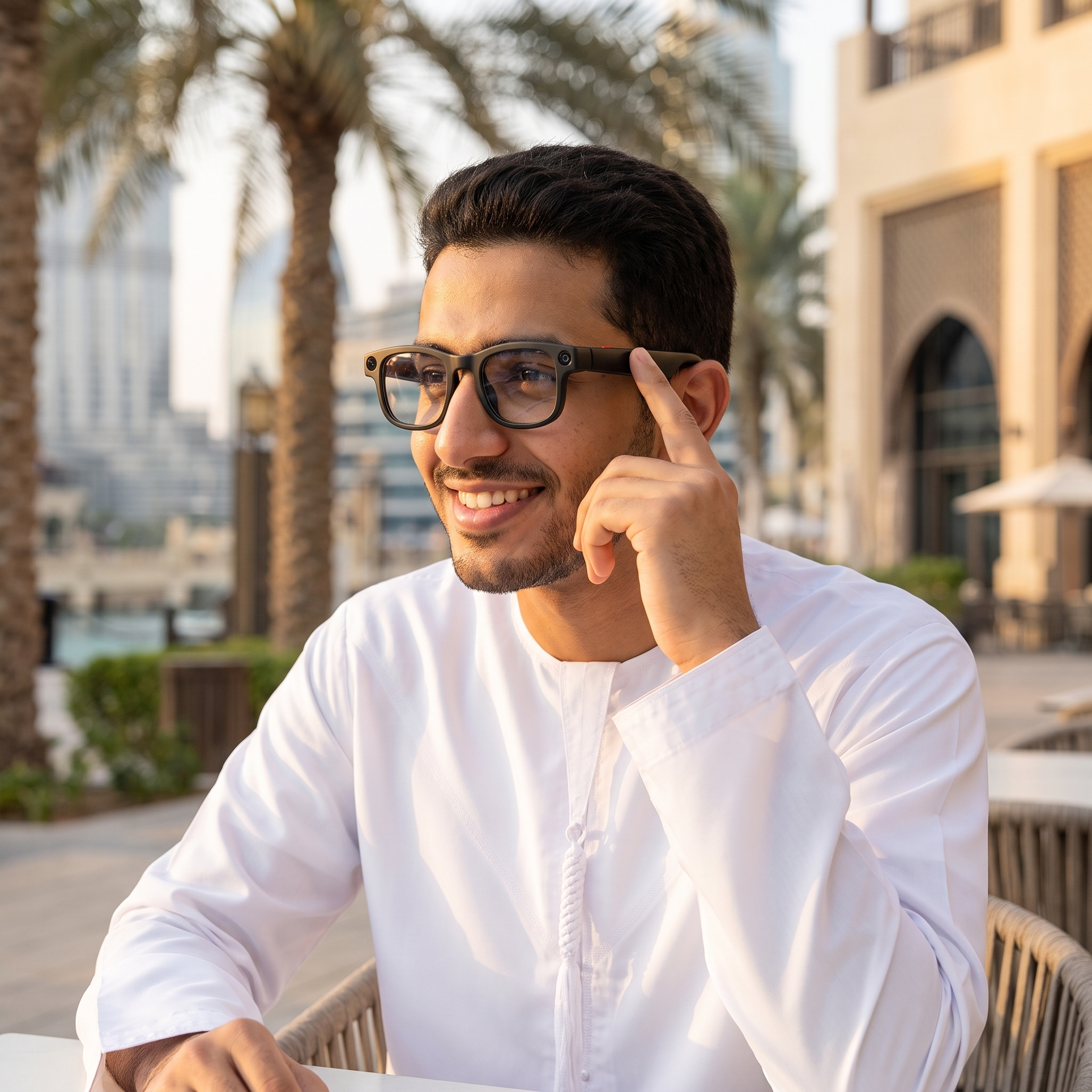 Man wearing AIMB-G1 AI smart glasses at an outdoor Dubai cafe