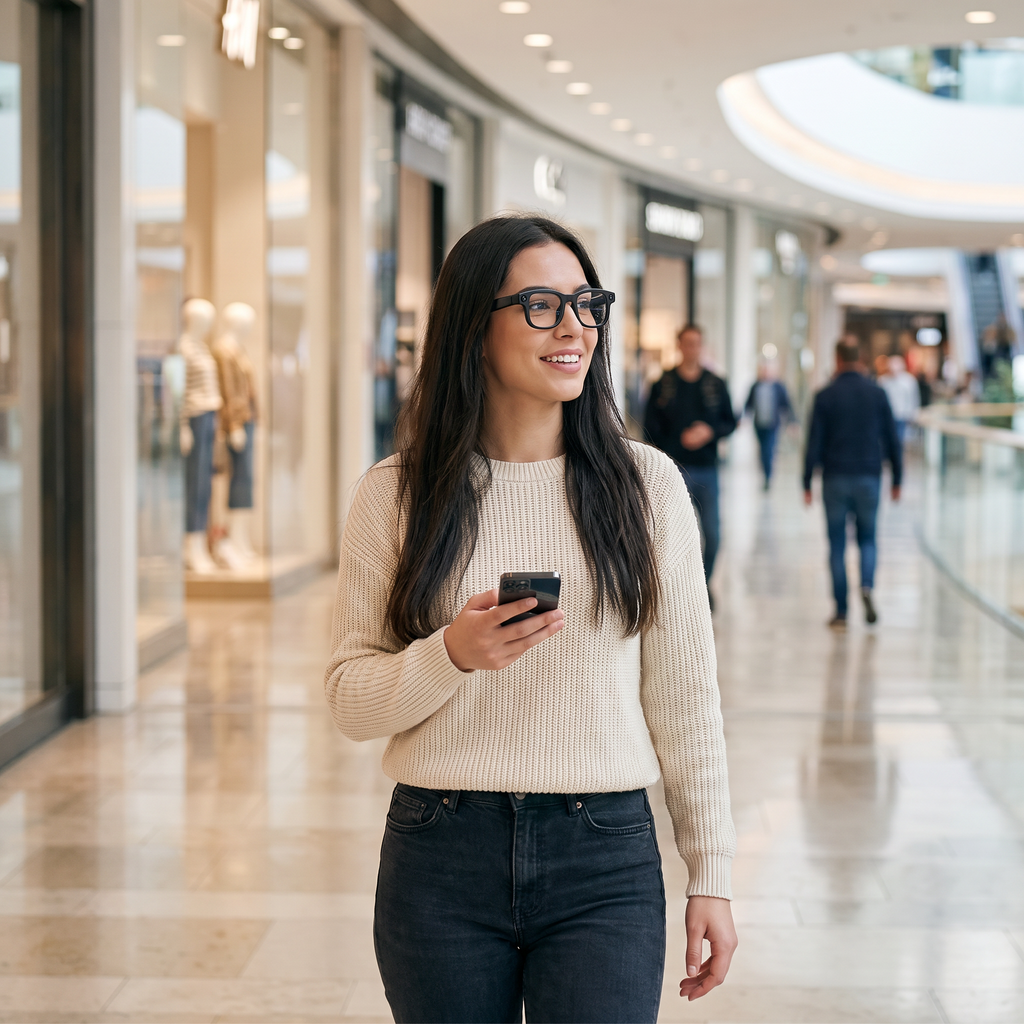 Woman wearing AIMB-G1 AI smart glasses while walking and listening to music