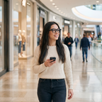 Woman wearing AIMB-G1 AI smart glasses while walking and listening to music