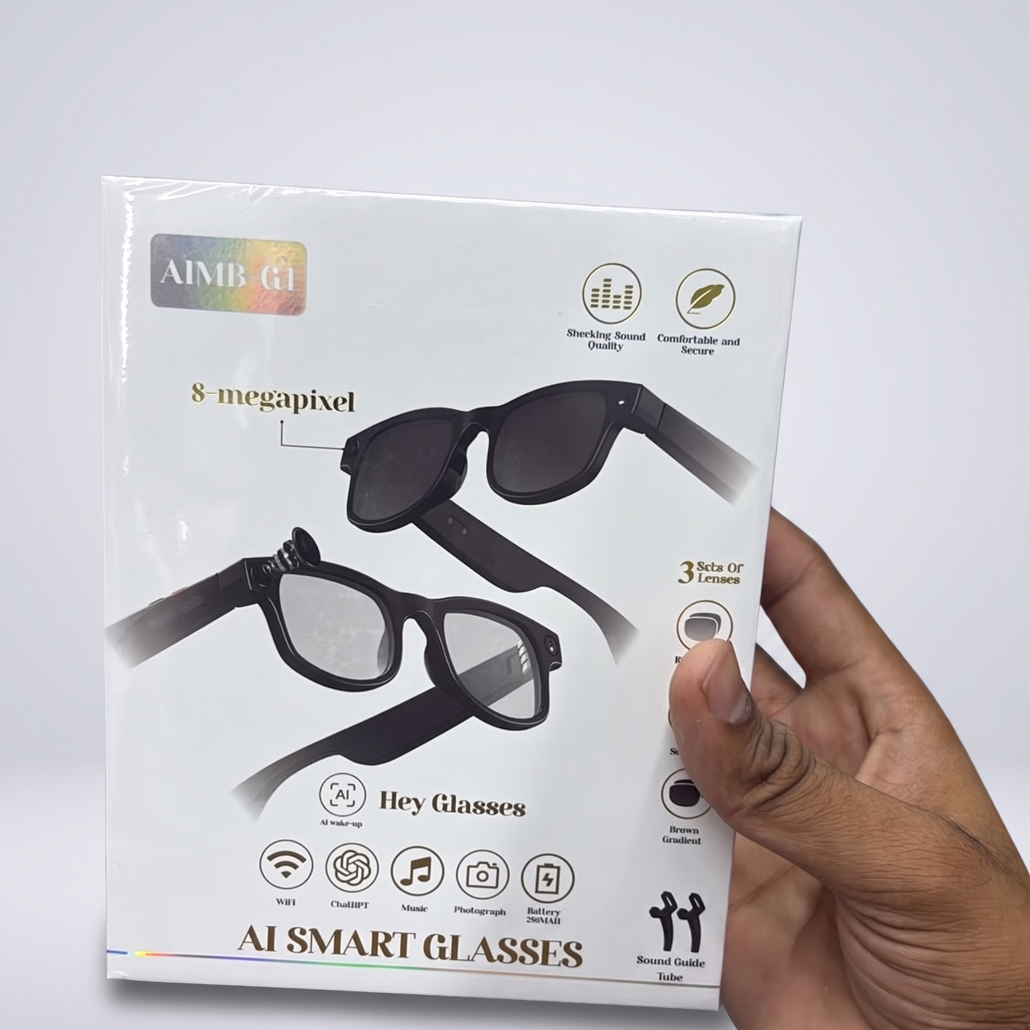 AIMB-G1 AI Smart Glasses sealed retail box - 8 megapixel, WiFi, ChatGPT, 3 sets of lenses
