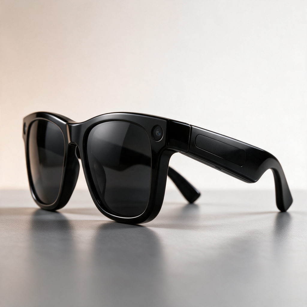 XK One Pro smart glasses studio shot showing camera lens and touch control panel