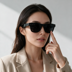 Woman using the touch control panel on the temple of XK One Pro smart glasses