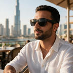 Man wearing XK One Pro AI smart glasses at an outdoor cafe in Dubai