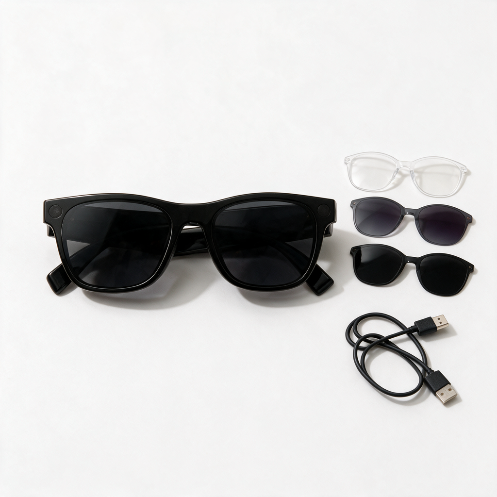 XK One Pro smart glasses with 3 interchangeable lens sets and magnetic charging cable