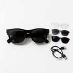 XK One Pro smart glasses with 3 interchangeable lens sets and magnetic charging cable