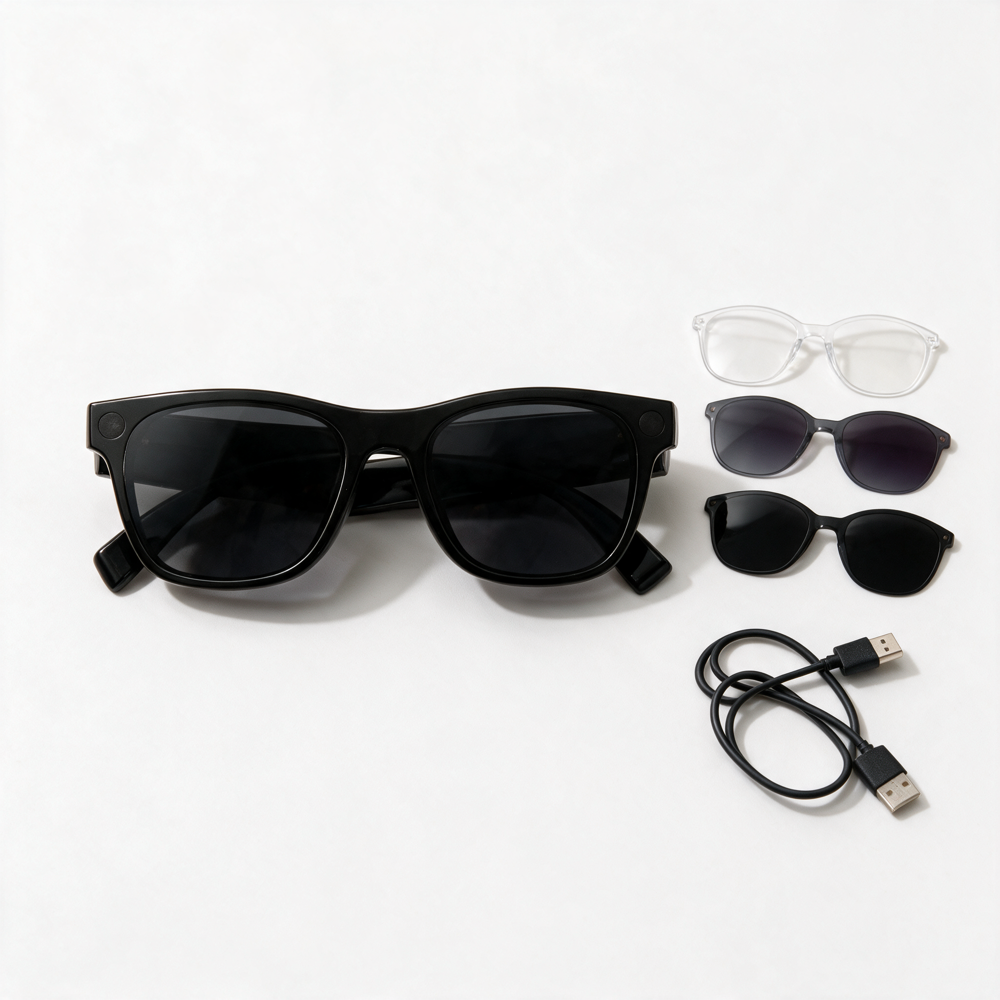 XK One Pro smart glasses with 3 interchangeable lens sets and magnetic charging cable
