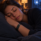Woman sleeping wearing the VALDUS AIR BAND in Black tracking deep, light and REM sleep stages overnight
