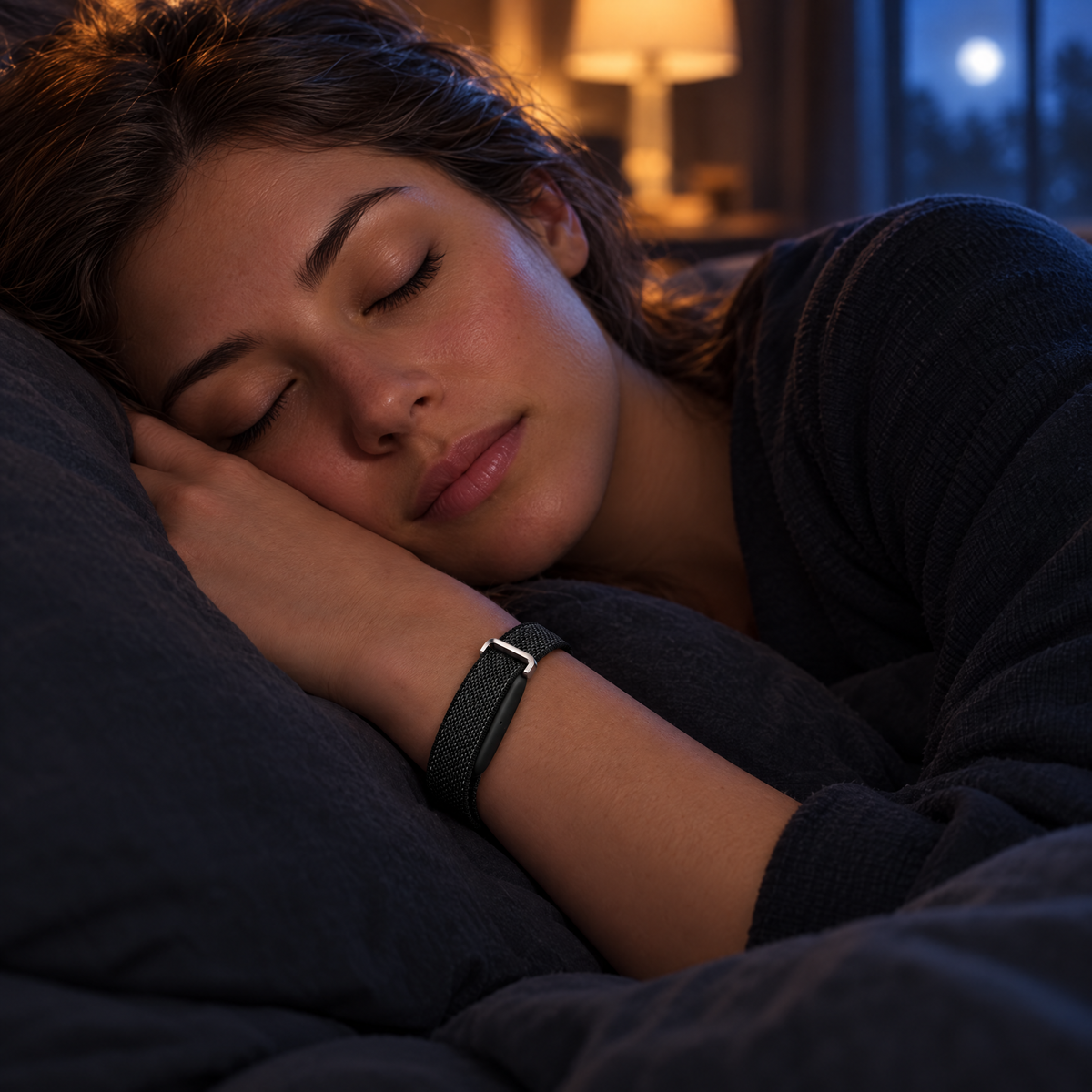 Woman sleeping wearing the VALDUS AIR BAND in Black tracking deep, light and REM sleep stages overnight