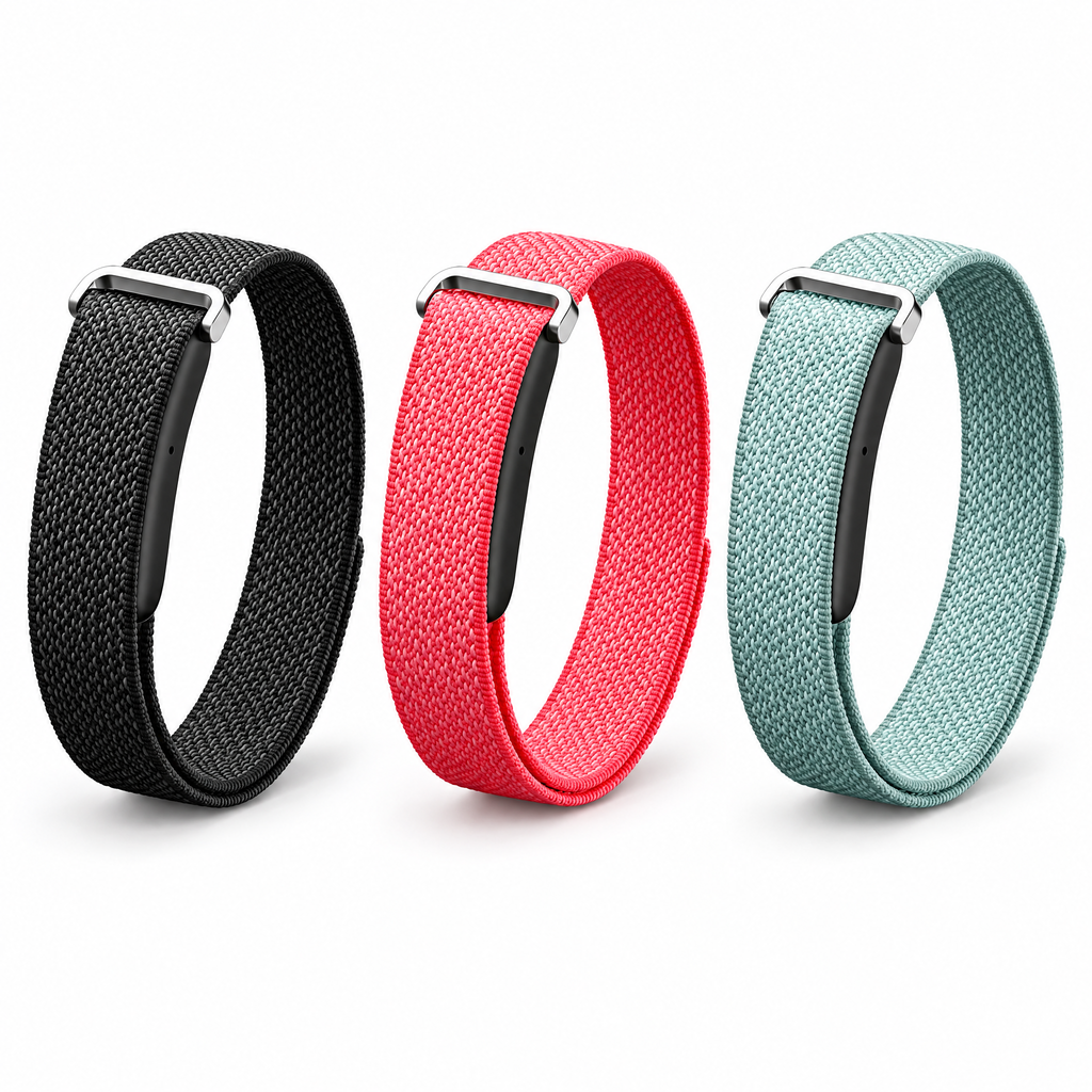 VALDUS AIR BAND screenless fitness tracker smart band in Black, Pink and Green woven nylon straps