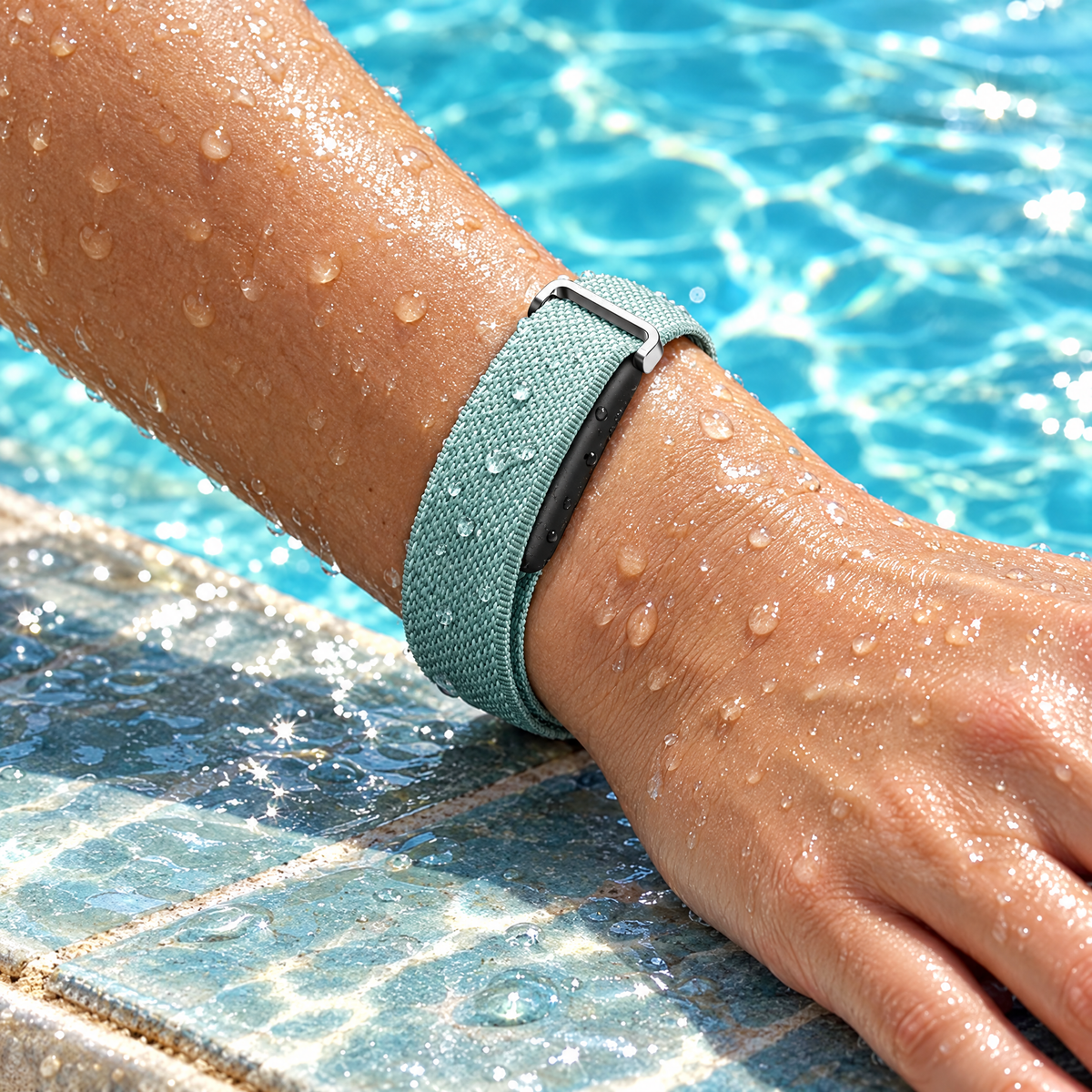 IP68 waterproof VALDUS AIR BAND in Green covered in water droplets beside a swimming pool