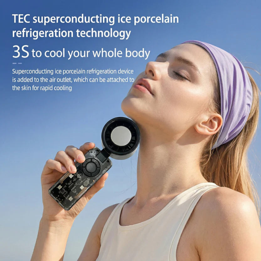 Built-in ice cooler element on portable handheld fan
