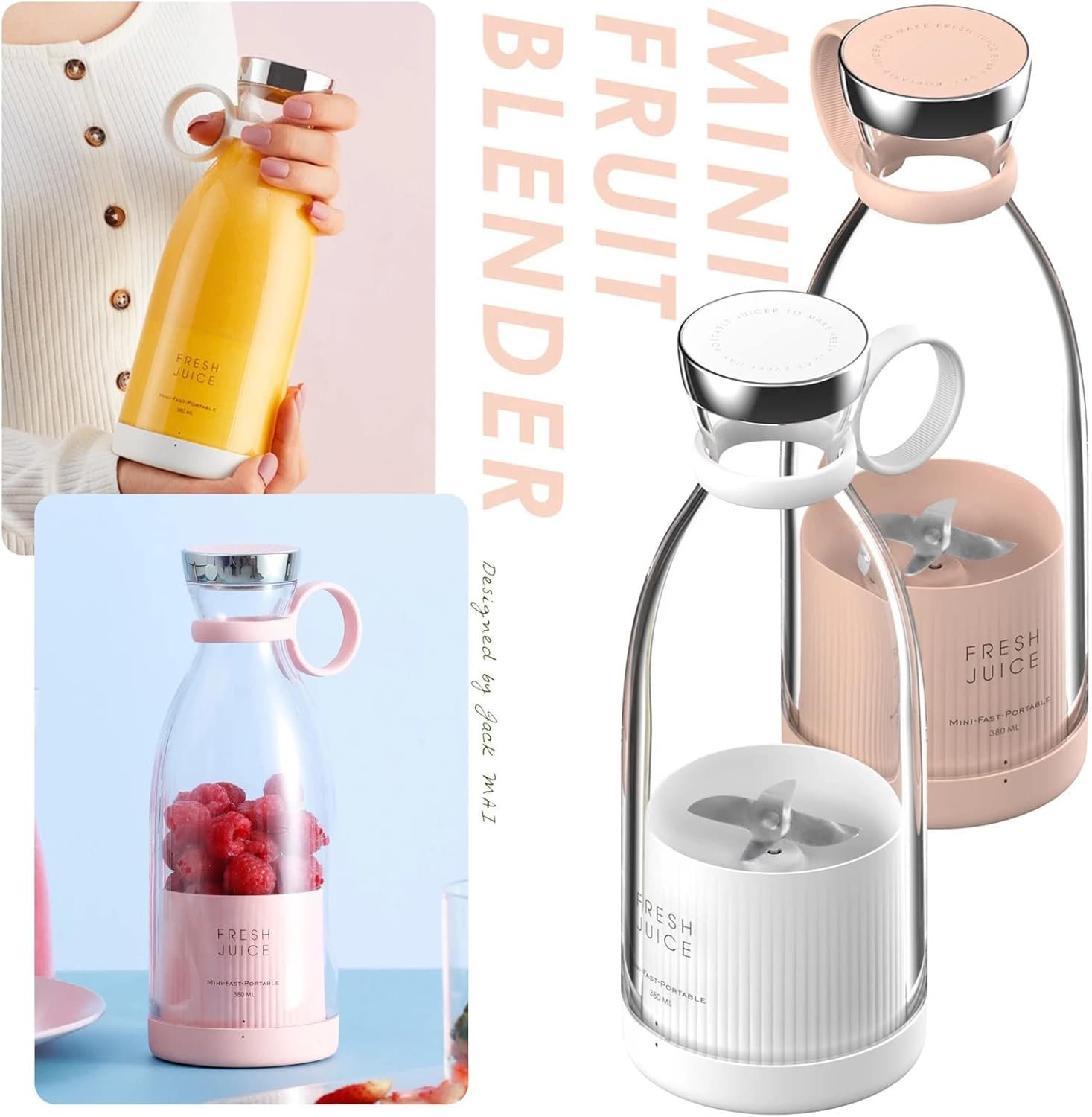 Fresh Juice Portable Blender – USB Rechargeable Personal Smoothie Blender 350ml, 4 Stainless Steel Blades