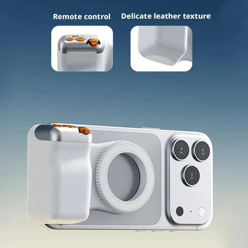 Magnetic camera grip mounted on iPhone via MagSafe