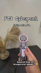 Turbo ice cooling handheld fan in use - foldable mini fan with cooling plate and LED light