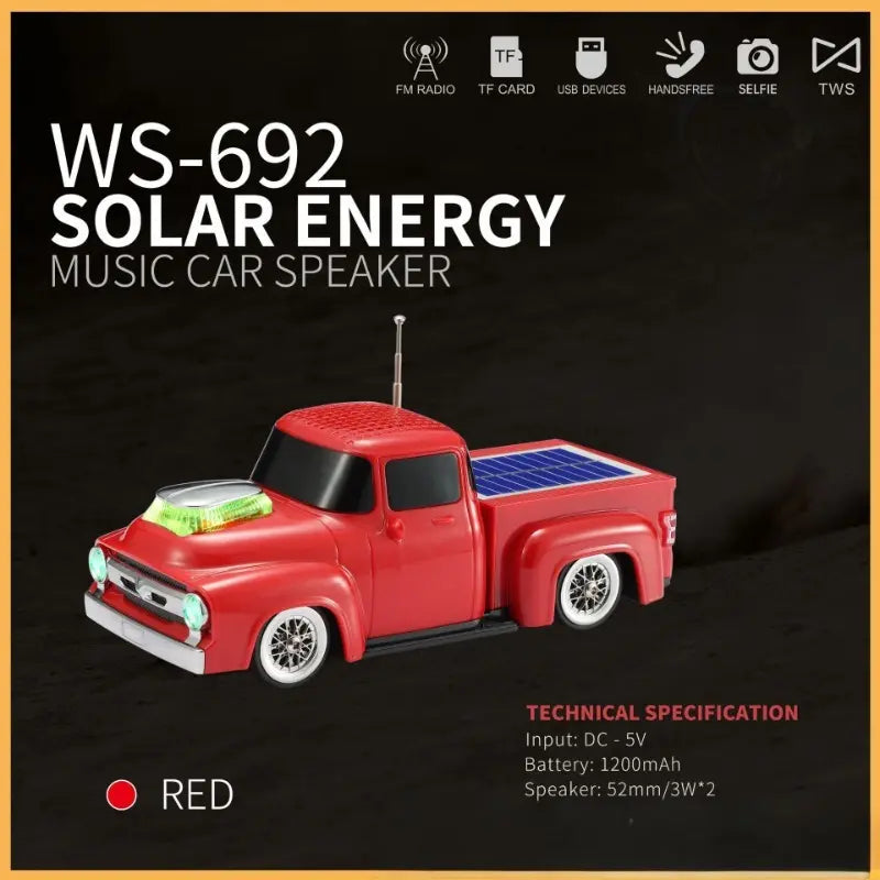WS-692 retro pickup truck Bluetooth speaker — solar, LED, TWS, FM, view 3